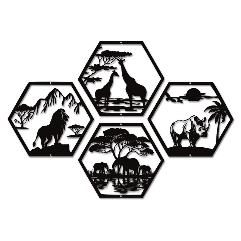 Xedatric African Safari Metal Wall Art â€“ 4-Piece Matte Black Lion, Elephant, Giraffe & Rhino Decor â€“ Rust-Resistant African Wall Art for Home or Office - Image 1