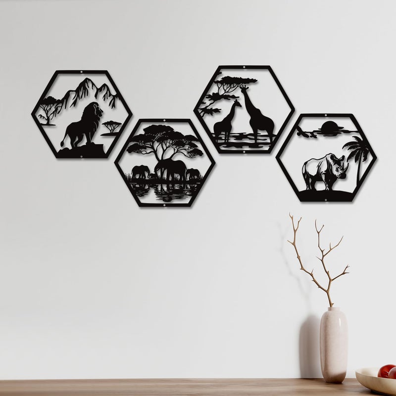 Xedatric African Safari Metal Wall Art â€“ 4-Piece Matte Black Lion, Elephant, Giraffe & Rhino Decor â€“ Rust-Resistant African Wall Art for Home or Office - Image 3