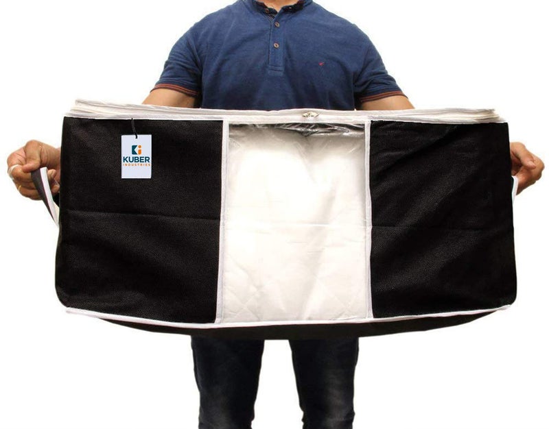 Kuber Industries Kuber Industries Solid Underbed Storage BagNonWoven Comforter Blanket CoverPremium Zipper With Side HandlesMultipurpose Storage OrganiserPack of 3 Black  - Image 5