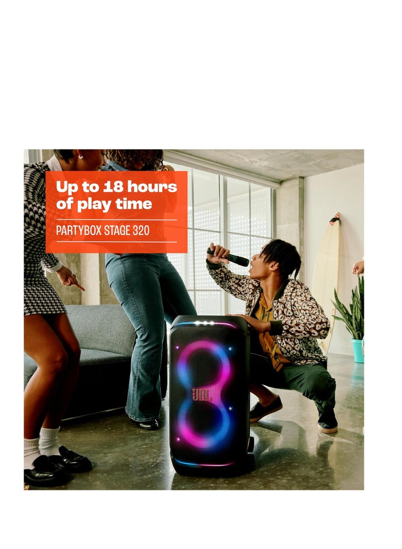 JBLTM JBL PartyBox Stage 320 – Powerful JBL Pro Sound, Futuristic Lightshow, 18H Playtime, AI Sound Boost, Multi-Speaker Auracast & Dual Mic/Guitar Inputs, JBLPBSTAGE320UK  - Image 5