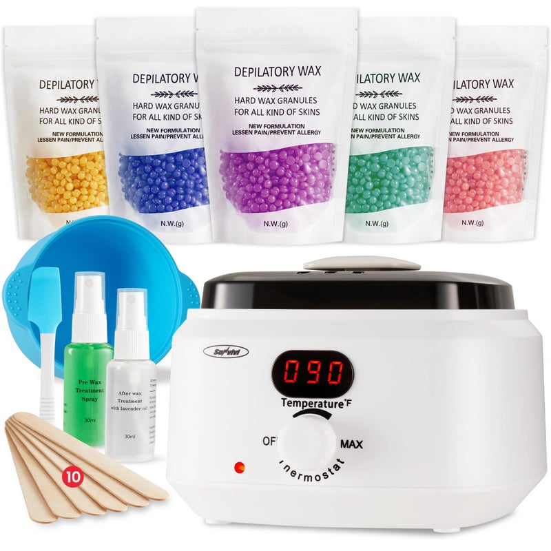 Sunvivi Waxing Kit Brazilian Wax Warmer for Hair Removal with 5 Bag Hard Wax Beads Digital Display Melt Warmer Kit for Women Men Full Body Legs Face BikiniSensitive skin White