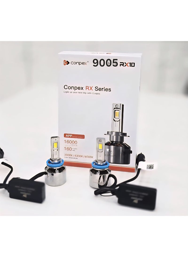 Conpex RX10 9005 3-Color LED Headlight Bulbs with Bluetooth App Control – 16000 Lumens, 160W, 4300K / 6000K Color Temperature - Image 1