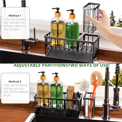 Cisily Kitchen Dish Soap Dispenser Set with Black Sponge Holder and 2 Pack 16.9oz Clear Glass, Dish Soap Dispensers for Hitchen Sink, Vintage Hand and Dish Soap Dispensers Set - Image 3