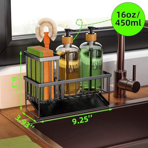Cisily Kitchen Dish Soap Dispenser Set with Black Sponge Holder and 2 Pack 16.9oz Clear Glass, Dish Soap Dispensers for Hitchen Sink, Vintage Hand and Dish Soap Dispensers Set - Image 4