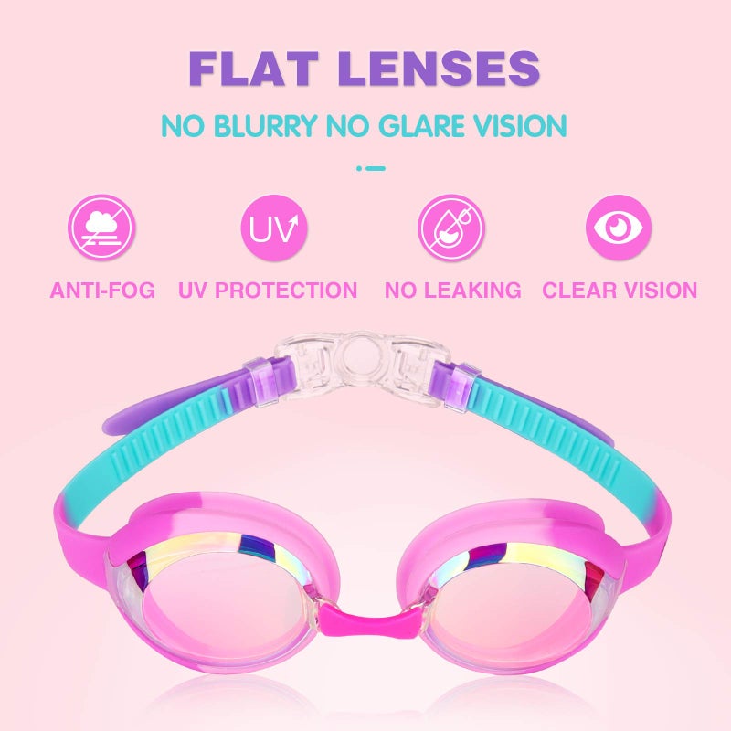 Keary 2 Pack Kids Swim Goggles Swimming Goggles for Toddler Children Girls Boys Youth, Anti-Fog Waterproof Anti-UV Clear Vision Mirror Flat Lens Water Pool Goggles with 3 Nose Piece, Pink Kids Goggles â€¦ - Image 2