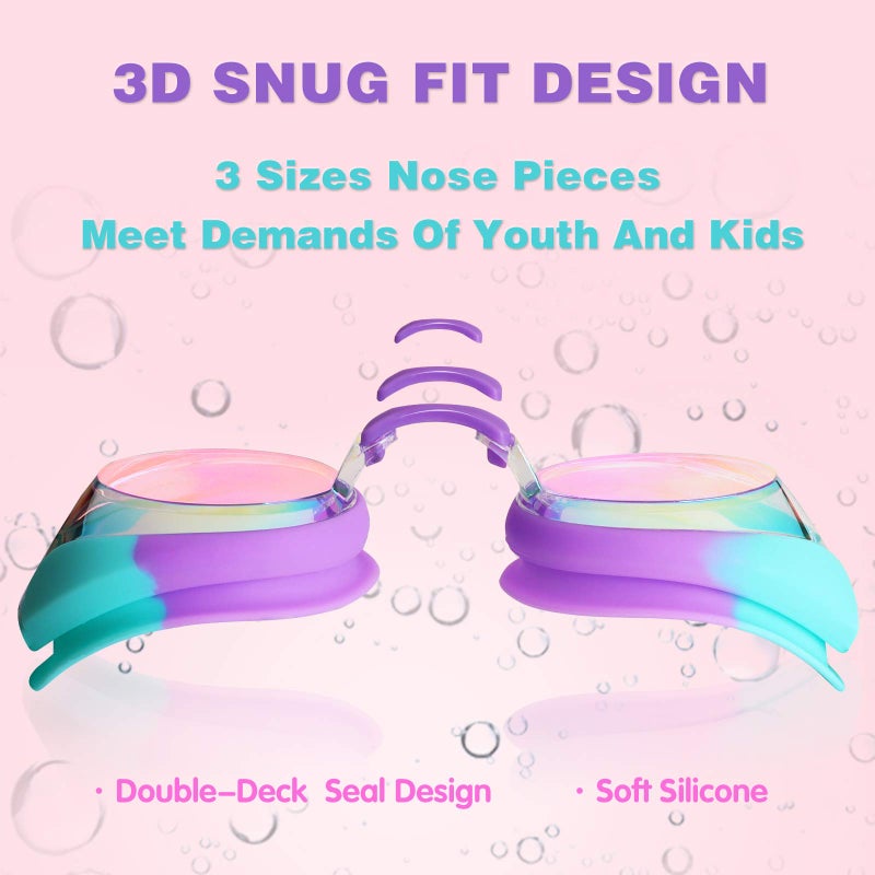Keary 2 Pack Kids Swim Goggles Swimming Goggles for Toddler Children Girls Boys Youth, Anti-Fog Waterproof Anti-UV Clear Vision Mirror Flat Lens Water Pool Goggles with 3 Nose Piece, Pink Kids Goggles â€¦ - Image 3