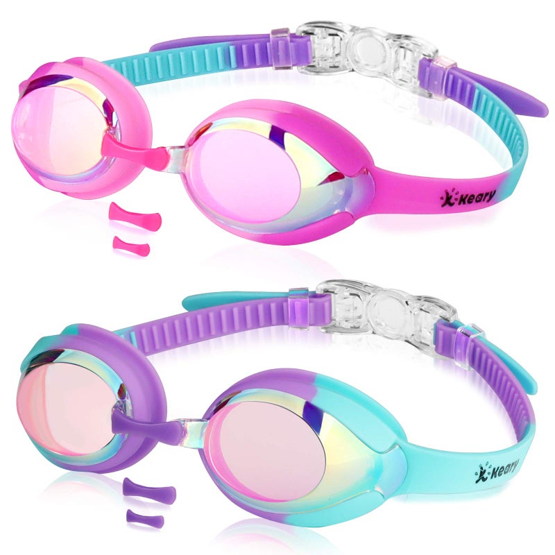 Keary 2 Pack Kids Swim Goggles Swimming Goggles for Toddler Children Girls Boys Youth, Anti-Fog Waterproof Anti-UV Clear Vision Mirror Flat Lens Water Pool Goggles with 3 Nose Piece, Pink Kids Goggles â€¦ - Image 1