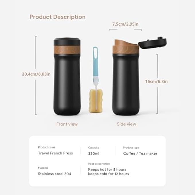 ريحني ماكينة صنع القهوة الفرنسية المحمولة المصنوعة من الفولاذ المقاوم للصدأ، ماكينة صنع الإسبريسو المحمولة، ماكينة صنع القهوة للسفر، ماكينة صنع القهوة الباردة للمنزل والتخييم والسفر والمكتب، باللون الأسود - Image 3