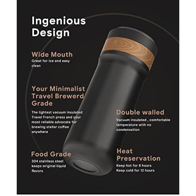 ريحني ماكينة صنع القهوة الفرنسية المحمولة المصنوعة من الفولاذ المقاوم للصدأ، ماكينة صنع الإسبريسو المحمولة، ماكينة صنع القهوة للسفر، ماكينة صنع القهوة الباردة للمنزل والتخييم والسفر والمكتب، باللون الأسود - Image 5