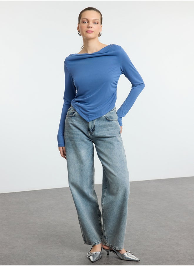 Indigo Modal Fabric Cowl Collar Draped Padded Asymmetric Knitted Blouse TWOAW25BZ00031