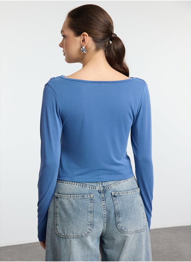 Indigo Modal Fabric Cowl Collar Draped Padded Asymmetric Knitted Blouse TWOAW25BZ00031