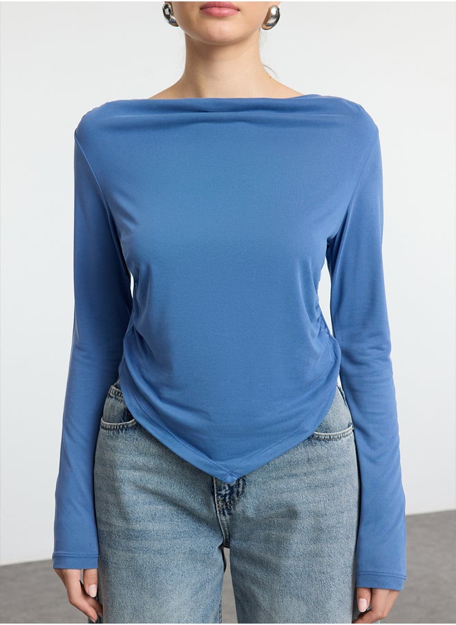 Indigo Modal Fabric Cowl Collar Draped Padded Asymmetric Knitted Blouse TWOAW25BZ00031