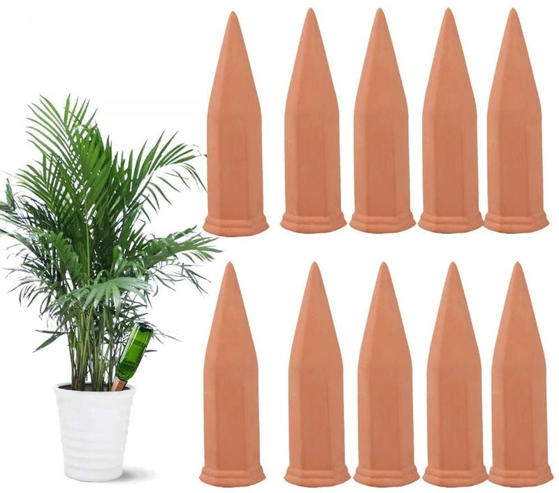 Tcamp 10 Pack Terracotta Watering Spikes, Plant Watering Devices Wine Bottle Automatic Plant Self Watering Spikes for Vacations, Self-Watering Stakes for Indoor Outdoor Plants - Image 1