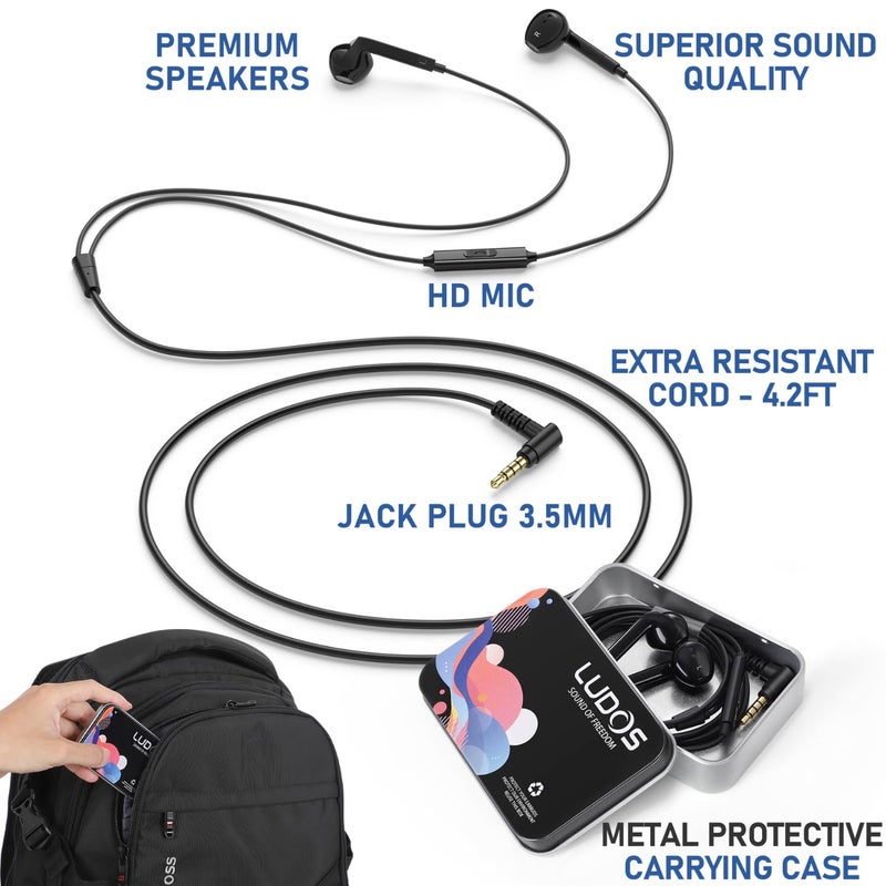 LUDOS FEROX Wired Earbuds in-Ear Headphones, 5 Year Warranty, Earphones with Microphone, Noise Isolation Corded for 3.5mm Jack Ear Buds for iPhone, Samsung, Computer, Laptop, Kids, School Students - Image 2