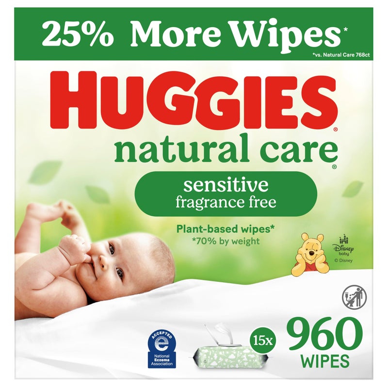 Huggies Natural Care Sensitive Baby Wipes, Unscented, Hypoallergenic, 99% Purified Water, 15 Flip-Top Packs (960 Wipes Total) - Image 1