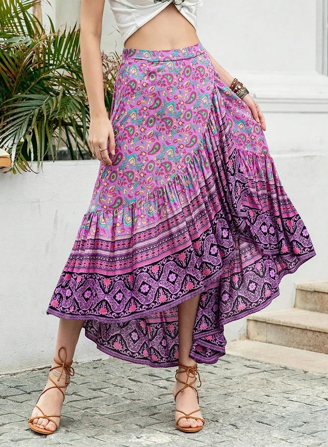 تايك تو Women's Floral Printed Asymmetrical Pleated Detail Midi Skirt