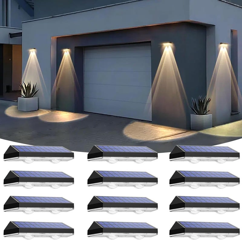 أضواء السياج الشمسية الخارجية مقاومة للماء LED - 3000/4000/6000K 3 أوضاع، IP65 مقاومة للماء أضواء سياج تعمل بالطاقة الشمسية، أضواء جدار شمسية للاستخدام الخارجي، الفناء الخلفي/الدرج/الشرفة/سياج السطح/درابزين السلالم (12 عبوة) - Image 1