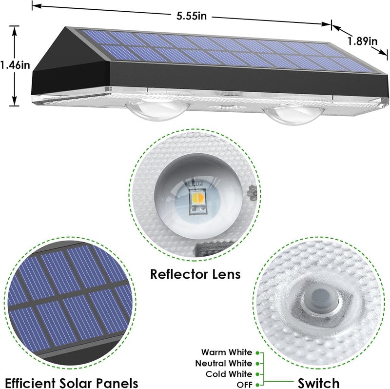 أضواء السياج الشمسية الخارجية مقاومة للماء LED - 3000/4000/6000K 3 أوضاع، IP65 مقاومة للماء أضواء سياج تعمل بالطاقة الشمسية، أضواء جدار شمسية للاستخدام الخارجي، الفناء الخلفي/الدرج/الشرفة/سياج السطح/درابزين السلالم (12 عبوة) - Image 5