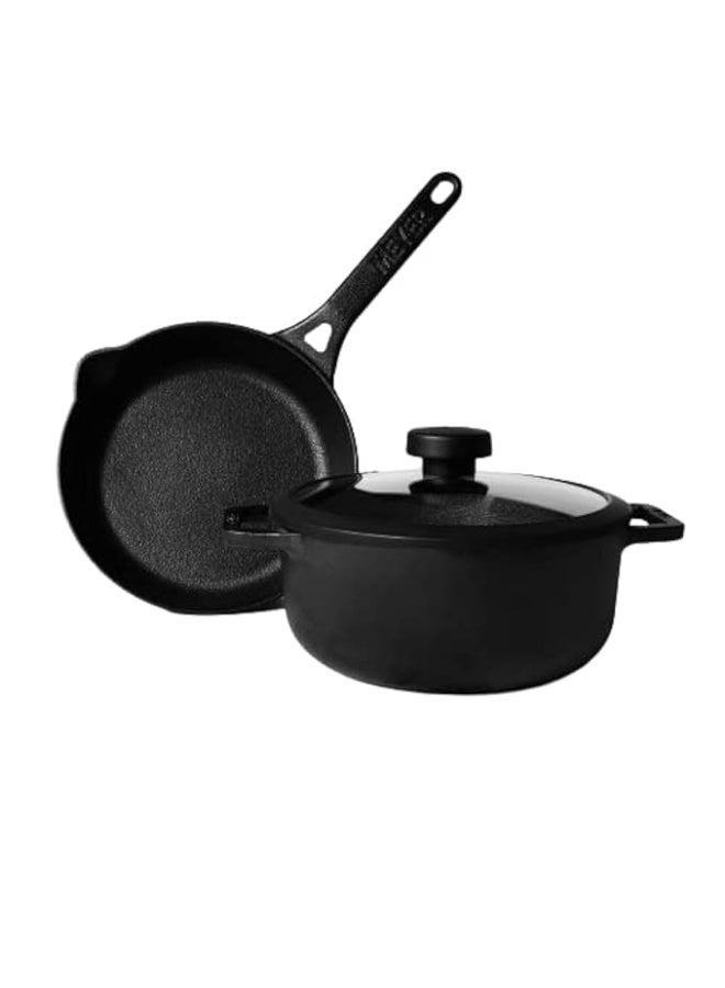 Meyer Pre- Seasoned Cast Iron 3 Piece Cookware Set - 24cm Frying pan + 24cm Dutch Oven with Interchangeable Lid | Iron Cookware Set Combo Offer | Cast Iron Induction Cookware for Kitchen, Black - Image 1