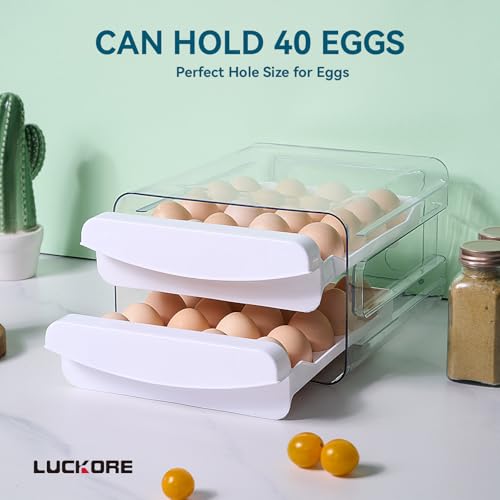 Luckore Egg Container Holders Dispenser for Refrigerator 40 Eggs, 2 Tier Clear Stackable Holder Tray with Drawer for Fridge, Storage Container with Handles for Refrigerator, Countertop - Image 2