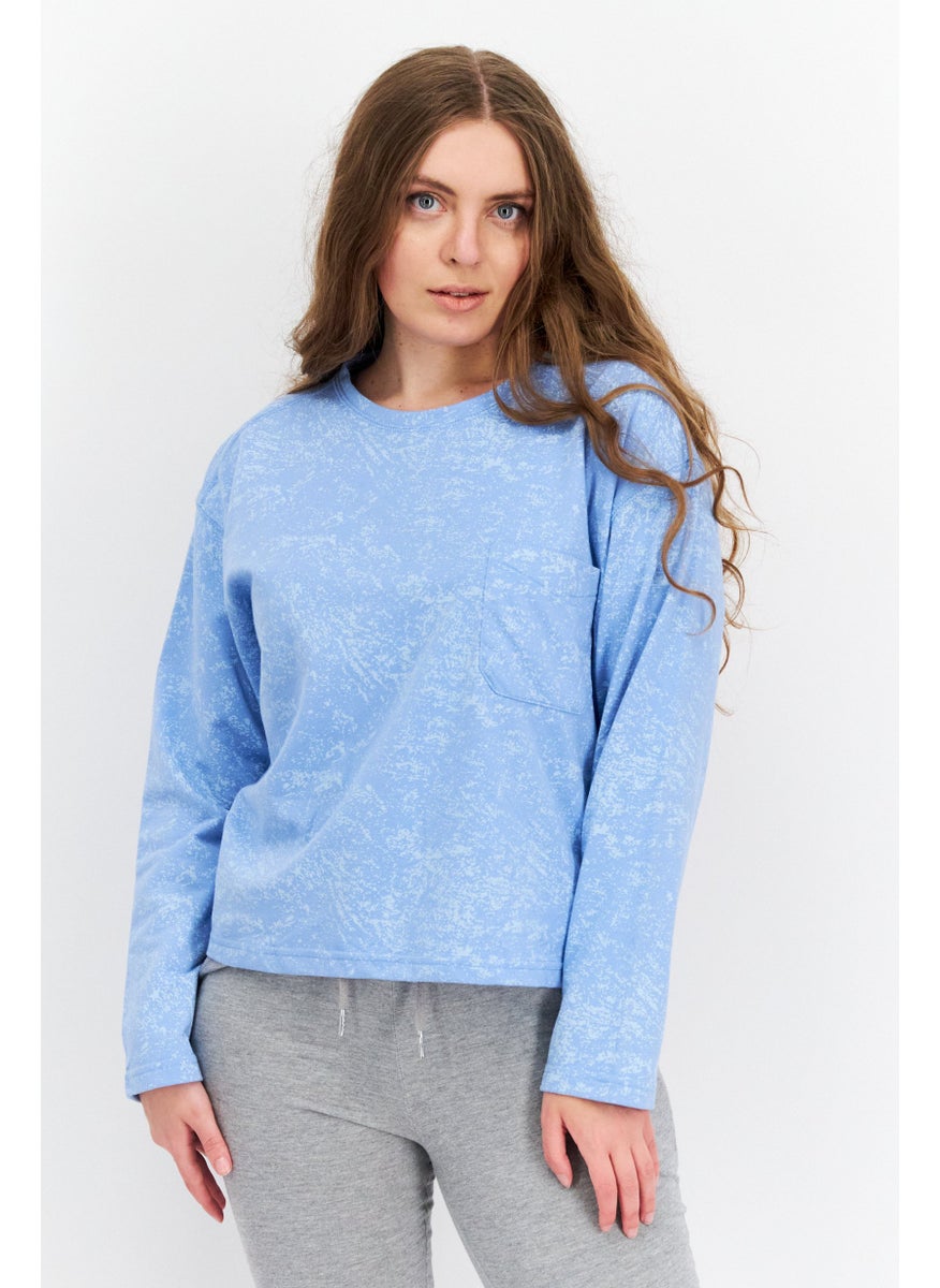Weatherproof Women Round Neck Long Sleeves Chest Pocket Top, Blue  - Image 1