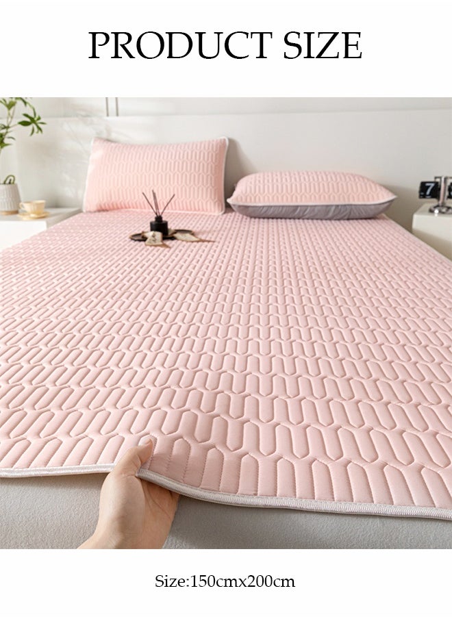 DUNISO 3-Piece of Ice Silk Cooling Bedding Set,Extreme Heat Cooling Bedding Set,Anti-Slip Latex Cool Silk Bed Cover with Pillowcases,Latex Mattress Pad for Summer Heat,Breathable Sheets,Night Sweat Relief,150*200CM,Pale Pink  - Image 2