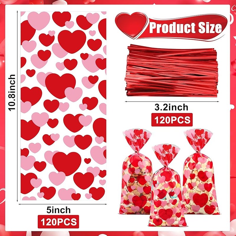 بيوني مان 120 PCS Valentines Cellophane Treat Bags 10.8 x 5in Valentine Heart Clear Candy Bag Red Pink Hearts Plastic Goodie Bags with Twist Ties for Valentines Day Cookie Gift Bag Wedding Party Favors Supplies - Image 2