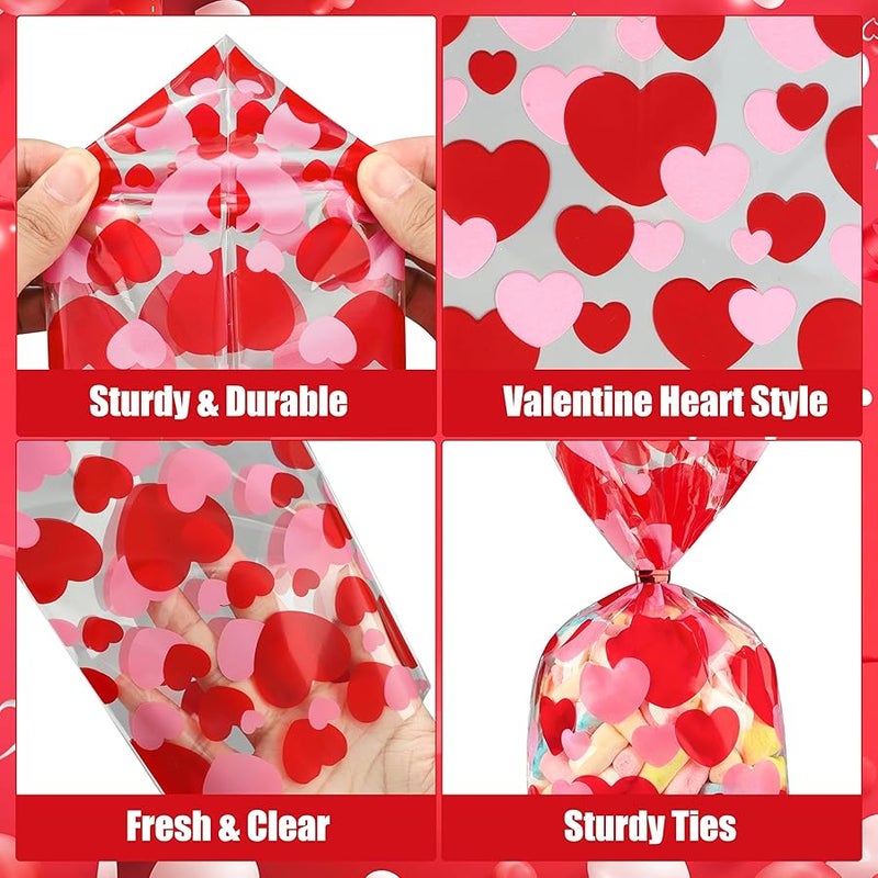 بيوني مان 120 PCS Valentines Cellophane Treat Bags 10.8 x 5in Valentine Heart Clear Candy Bag Red Pink Hearts Plastic Goodie Bags with Twist Ties for Valentines Day Cookie Gift Bag Wedding Party Favors Supplies - Image 3