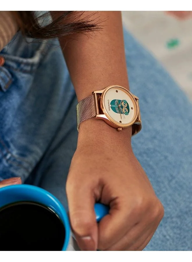 TEAL by Chumbak Vintage Owl Watch, Metal Mesh Strap