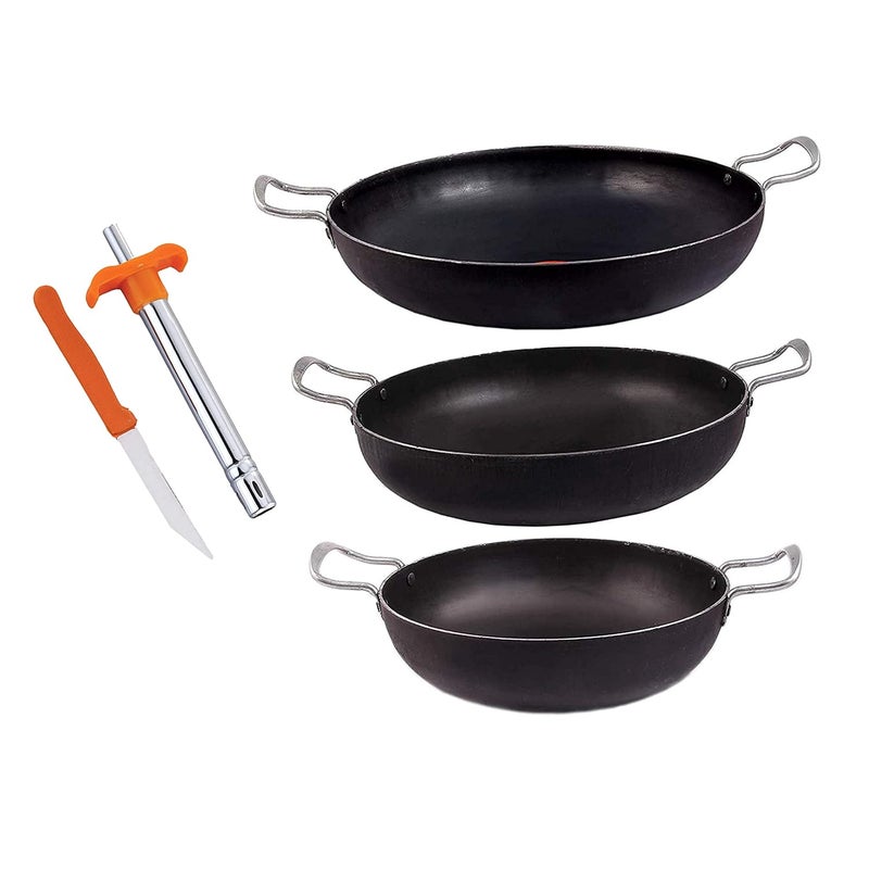 KITCHEN SHOPEE 3 Iron Deep Kadai PES Gas Lighter Set Black 8 Inches 9 Inches 12 Inches Diameter 7 litres - Image 1