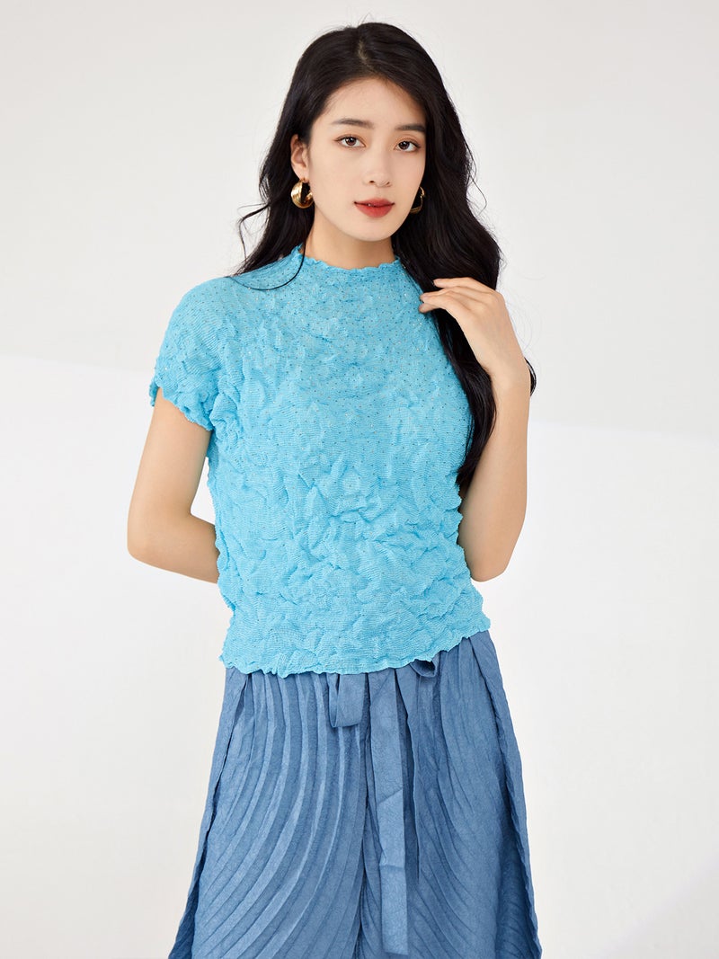 Nanyou High-End Women'S Miyake Short-Sleeved T-Shirt Slim-Fit Design Niche Grab Diamond-Encrusted Stretch All-Match Top - Image 4