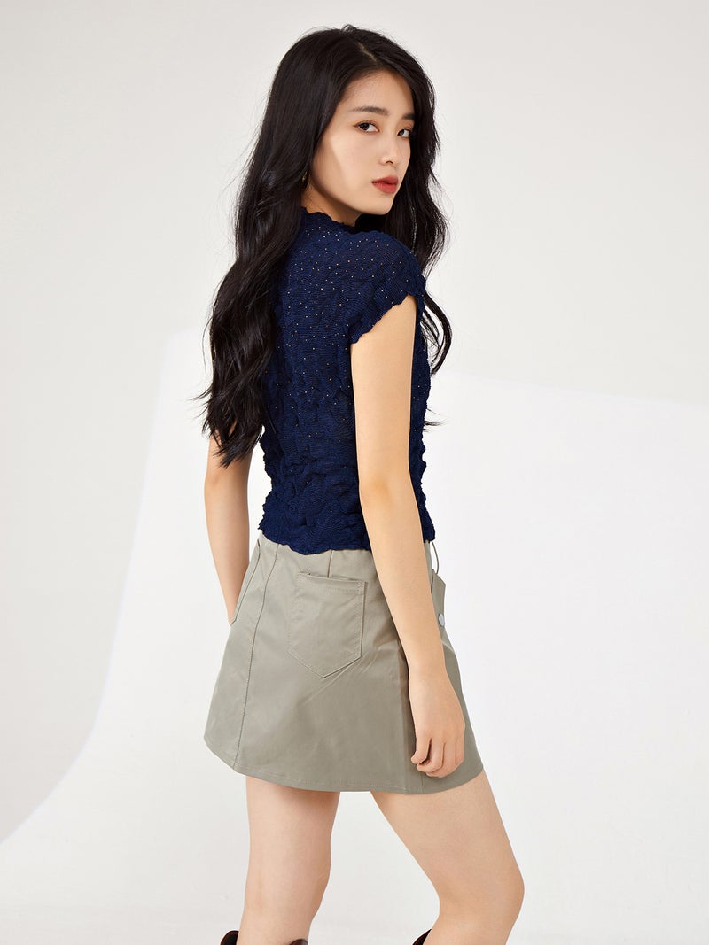 Nanyou High-End Women'S Miyake Short-Sleeved T-Shirt Slim-Fit Design Niche Grab Diamond-Encrusted Stretch All-Match Top - Image 3