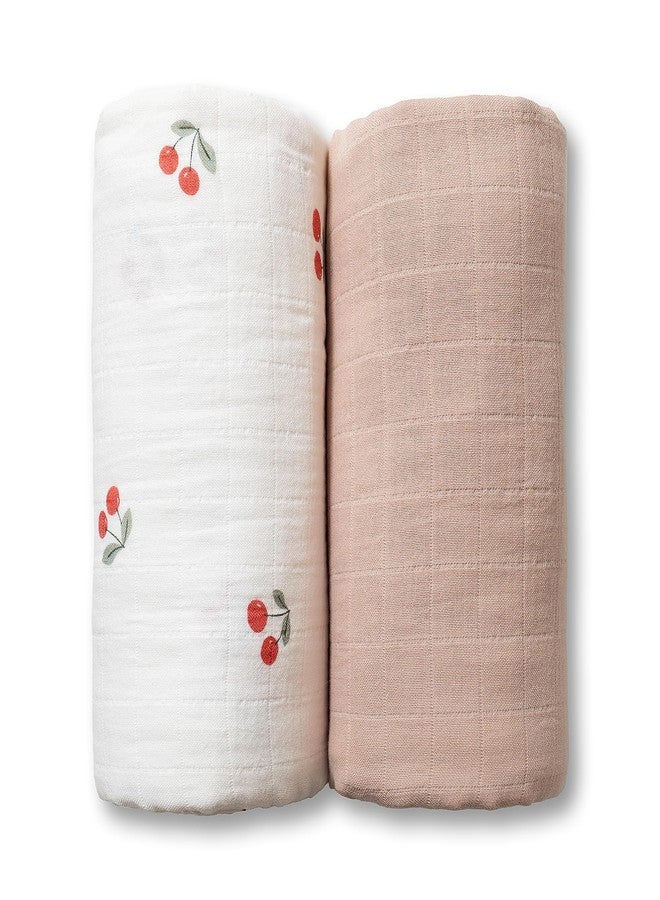 Miaoberry GOTS Certified Organic Muslin Swaddle Blankets, 2 Pack Baby Receiving Blankets, Soft Breathable Cotton Swaddles for Newborn Girls, Cherry & Blush Pink - Image 1