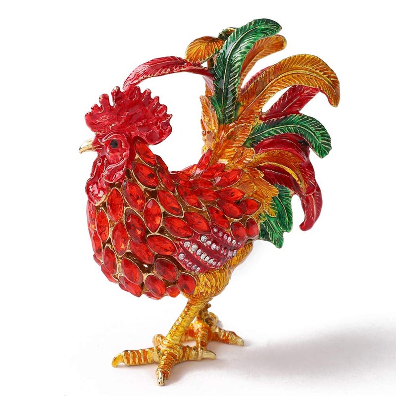 Furuida Rooster Trinket Boxes Hinged Enameled Jewelry Box HandPainted Animals Ornaments Craft Gift for Home Decor Red