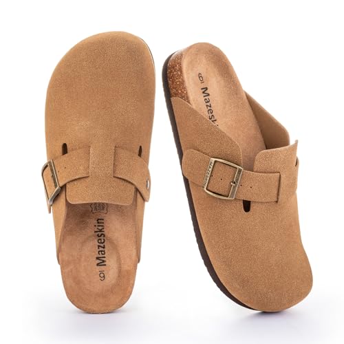 mazeskin Genuine Leather Orthopedic Clogs Slippers for Women with Comfortable Arch Support Vegan Suede Upper Orthotic Footbed for Plantar Fasciitis ReliefChestnut US8 - Image 1