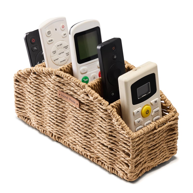 Mokof Handwoven Remote Control Holder Basket Boho Desk Organizer with 5Compartment Storage TV Remotes Office Supplies for Living Room Bedroom Office - Image 2