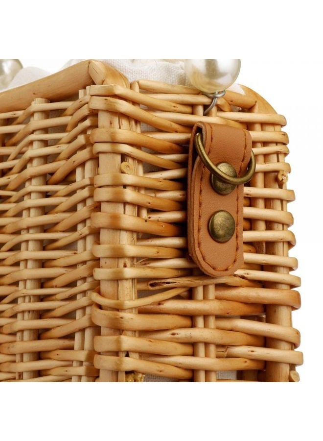 Gets Beach Bag Purse for Women, Natural Hand-woven Rectangular Wicker Handbag, Pearl Basket Purse, Retro Summer Straw Tote Bag, Rectangular - Image 5