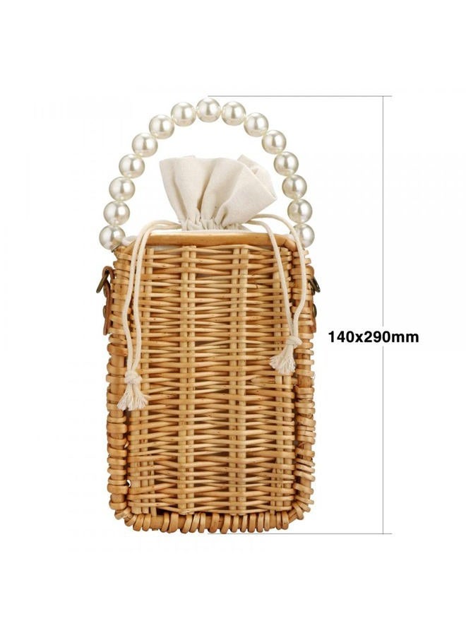 Gets Beach Bag Purse for Women, Natural Hand-woven Rectangular Wicker Handbag, Pearl Basket Purse, Retro Summer Straw Tote Bag, Rectangular - Image 4