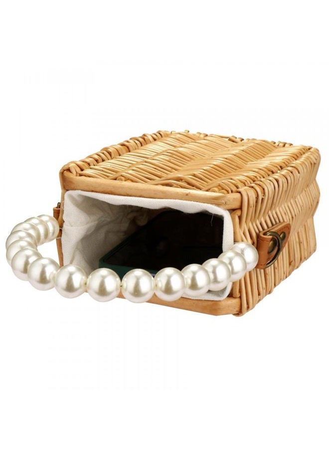Gets Beach Bag Purse for Women, Natural Hand-woven Rectangular Wicker Handbag, Pearl Basket Purse, Retro Summer Straw Tote Bag, Rectangular - Image 2
