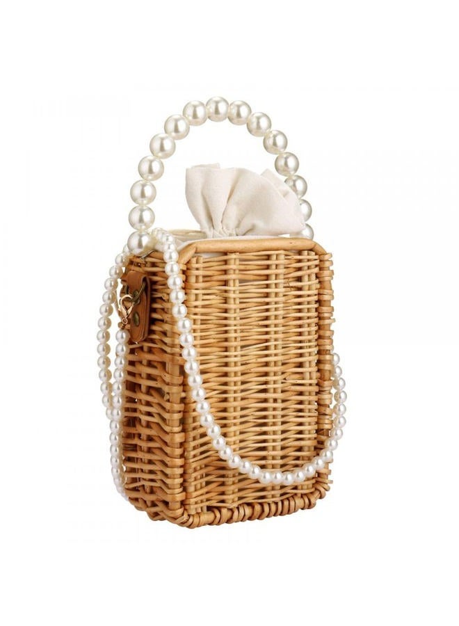 Gets Beach Bag Purse for Women, Natural Hand-woven Rectangular Wicker Handbag, Pearl Basket Purse, Retro Summer Straw Tote Bag, Rectangular - Image 1