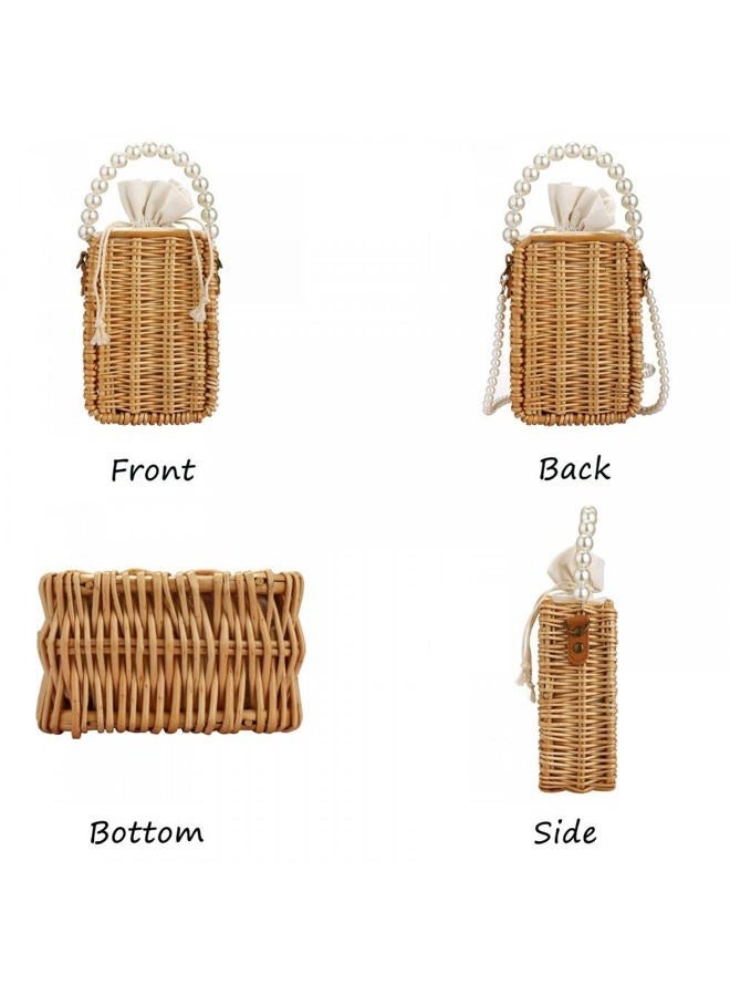 Gets Beach Bag Purse for Women, Natural Hand-woven Rectangular Wicker Handbag, Pearl Basket Purse, Retro Summer Straw Tote Bag, Rectangular - Image 3