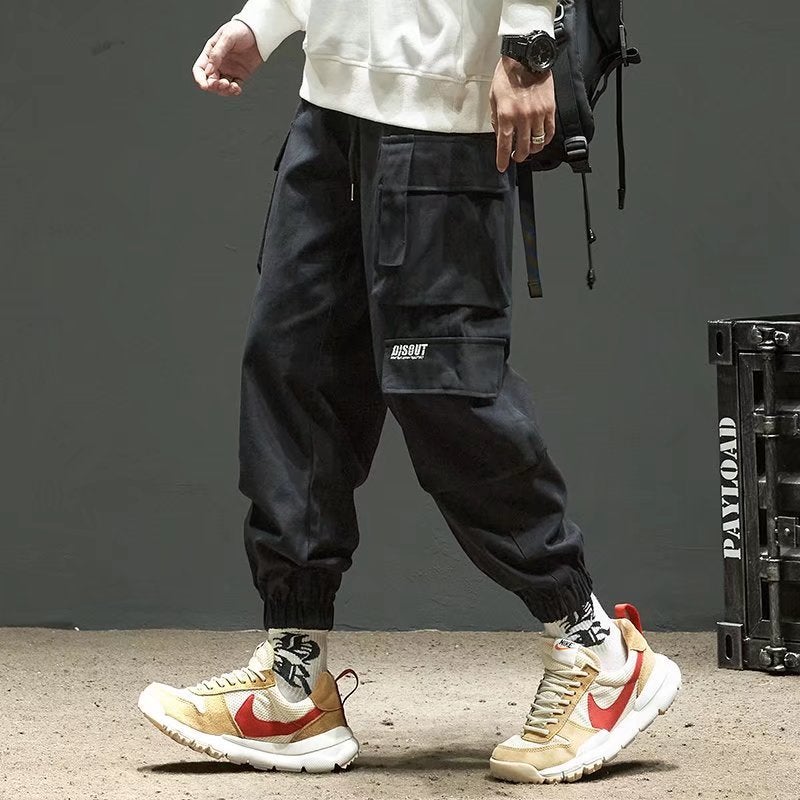 plus size 8XL Overalls Mens American Style Fashionable Brand Loose Casual Multi-Pocket Foot Pants Autumn Fashionable Parachute Pants S146 Black