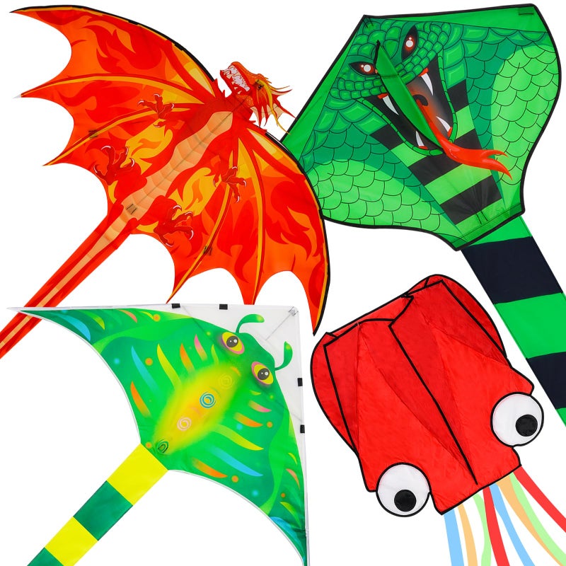 Crogift 4 Pack Kites - Large Fire Dragon Kite Green Snake Devil Fish Red Mollusc Octopus with Long Colorful Tail for Kids Adults Beach Toy Gifts Outdoor Game Activities - Image 1