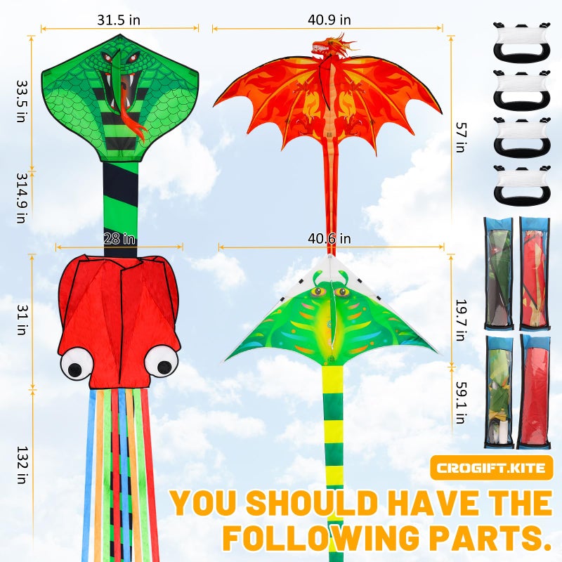 Crogift 4 Pack Kites - Large Fire Dragon Kite Green Snake Devil Fish Red Mollusc Octopus with Long Colorful Tail for Kids Adults Beach Toy Gifts Outdoor Game Activities - Image 3