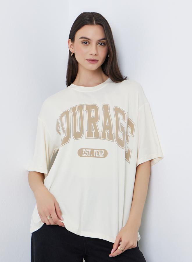 Take Two Beige Slogan Oversized T-Shirt - Image 1