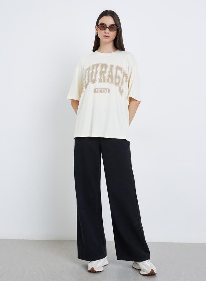 Take Two Beige Slogan Oversized T-Shirt - Image 2