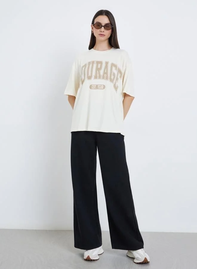 Take Two Take Two Beige Slogan Oversized T-Shirt