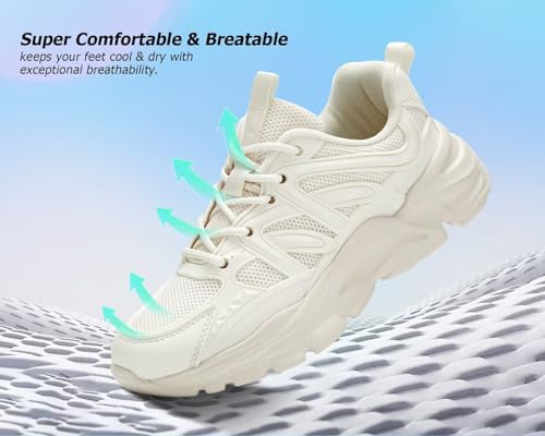 Luogoks Women's Road-Running-Shoes Non-Slip Ladies Walking Fashion Athletic Sneakers Work Gym Comfort Lightweight Mesh Soft Sole Beige - Image 5