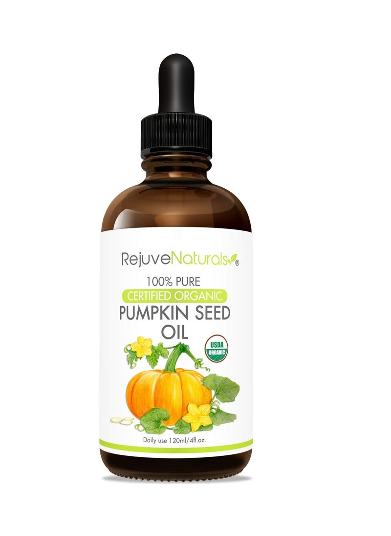 RejuveNaturals Organic Pumpkin Seed Oil 4 fl oz Bottle USDA Certified Organic, 100% Pure, Cold Pressed. Boost Hair Growth for Eyelashes, Eyebrows & Hair. Overactive Bladder Control for Men & Women. Moisturizer  - Image 1