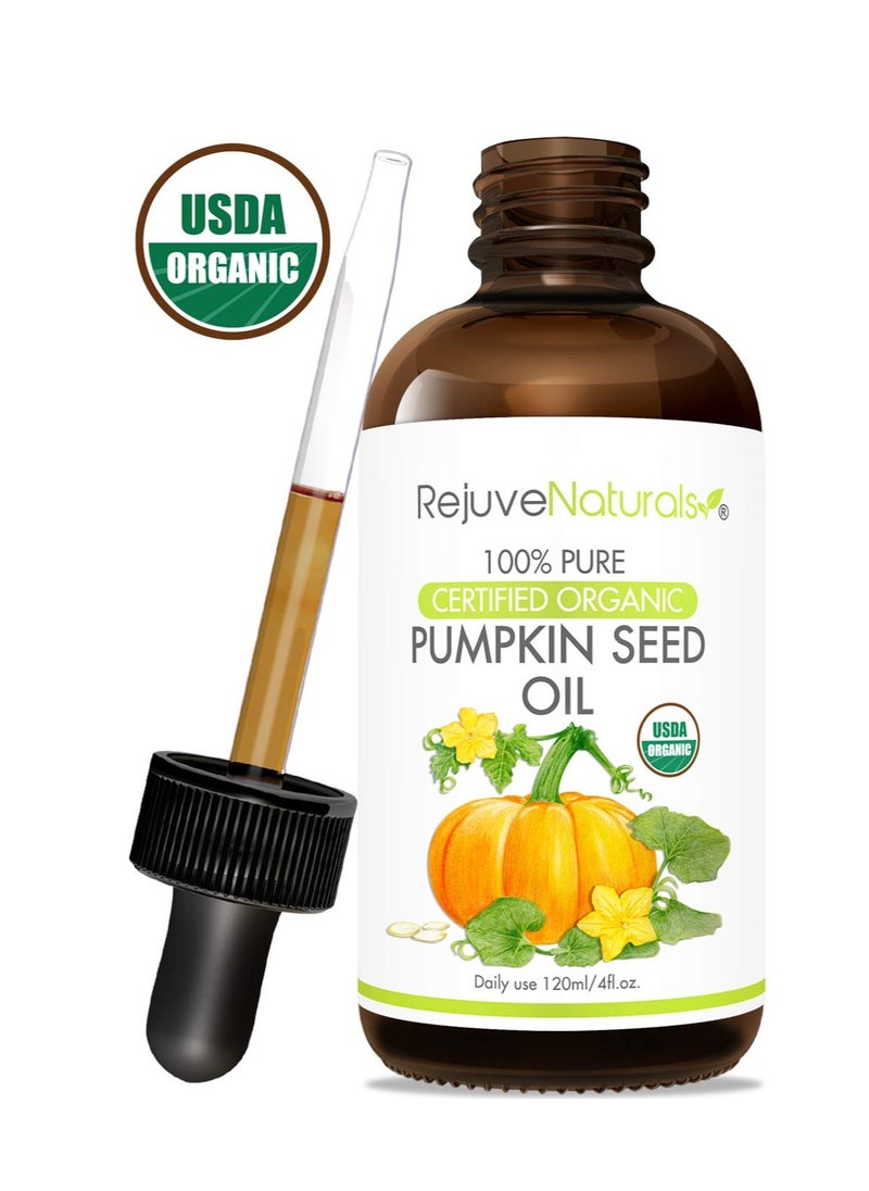 RejuveNaturals Organic Pumpkin Seed Oil 4 fl oz Bottle USDA Certified Organic, 100% Pure, Cold Pressed. Boost Hair Growth for Eyelashes, Eyebrows & Hair. Overactive Bladder Control for Men & Women. Moisturizer  - Image 2